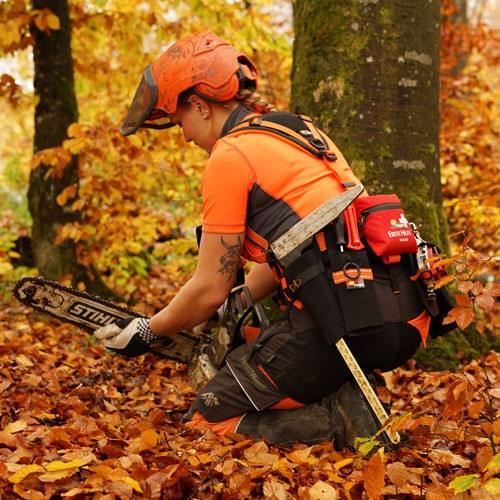 Forstwirtin s'agenouille dans le Feuillage avec une Tronçonneuse Stihl et porte un ergonomiques Forstgürtel avec Messkluppenhalter, la inclinable est.