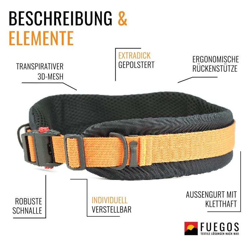 Forstgürtel • Flexibler Forstgurt – Beschreibung & Elemente: Ergonomische Rückenstütze, robust, individuell verstellbar, extradick gepolstert, mit Klettverschluss.